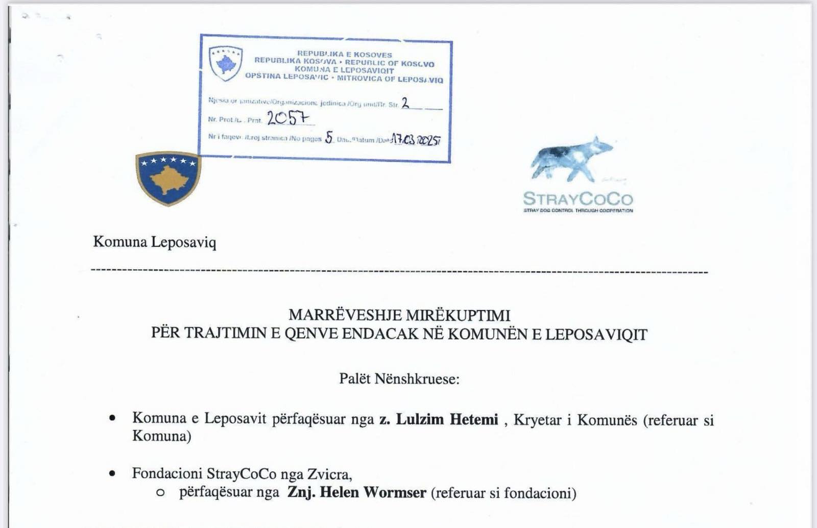 Komuna e Leposaviqit nënshkroi marrëveshje me Fondacionin Zvicëran StrayCoCo
